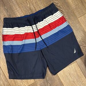 Nautica Men's Striped Swim Shorts - Red, Blue, and White
